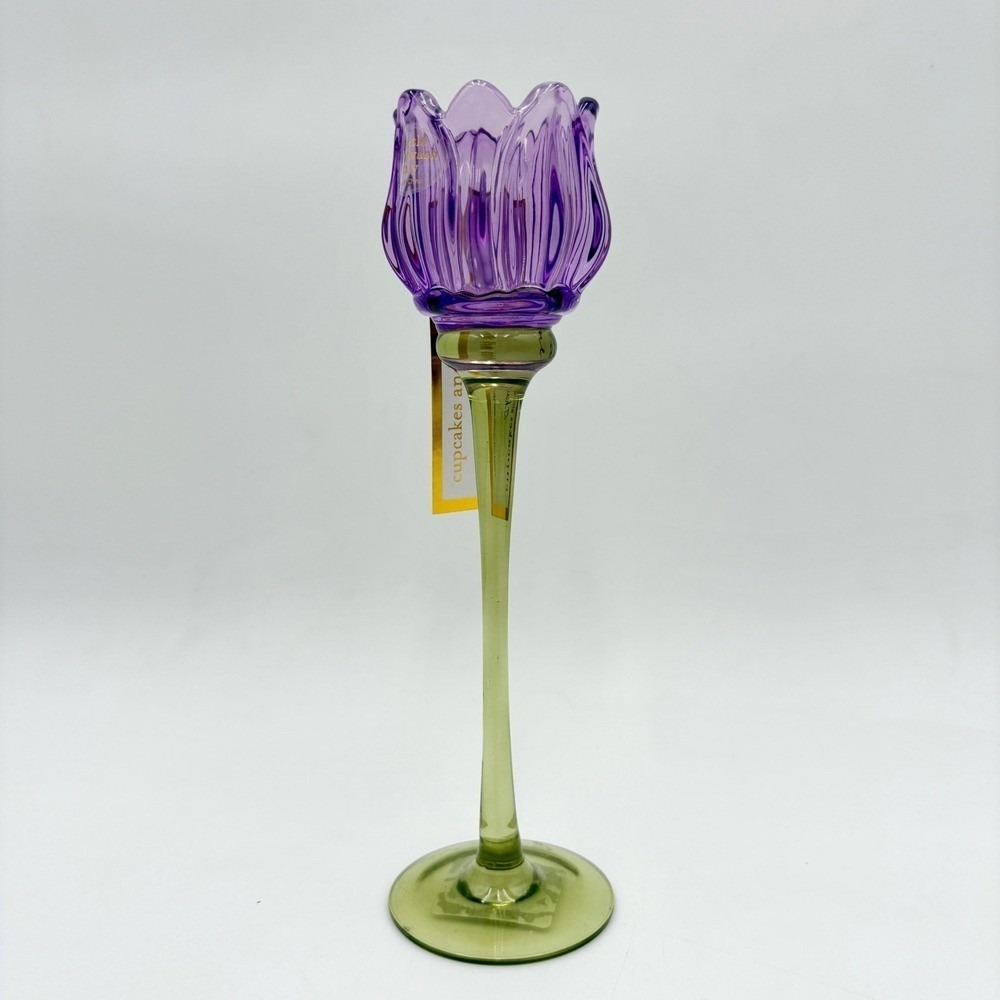 Cupcakes and Cashmere Purple Glass Tulip Tea Light Candle Holder Tapered Stem